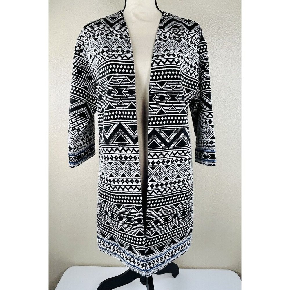 Joni B. Long Black White Lightweight Aztec Southwestern Cardigan Jacket Size S